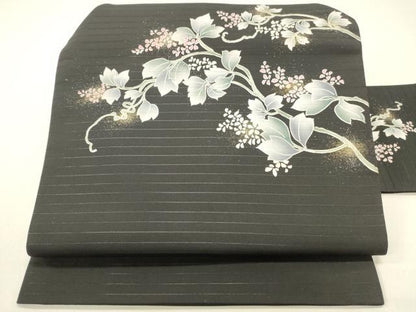 平和屋着物＊夏物　九寸名古屋帯　蔦の葉花文　黒地　金彩　DABB3555cm