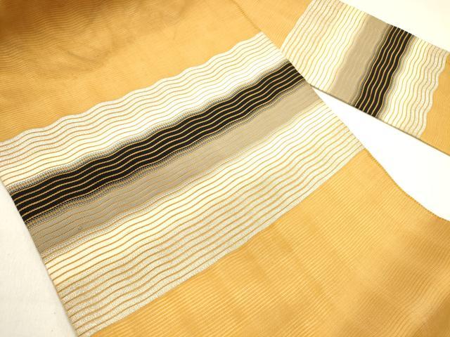 平和屋着物＊夏物 九寸名古屋帯 よろけ縞 銀糸 正絹 逸品 DABB3556cm