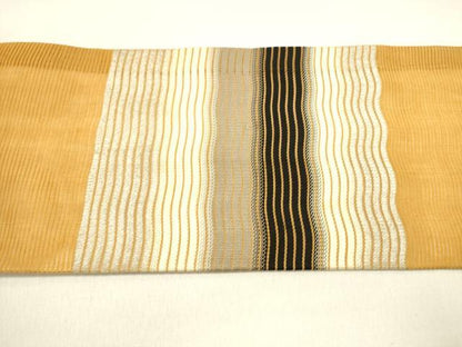 平和屋着物＊夏物 九寸名古屋帯 よろけ縞 銀糸 正絹 逸品 DABB3556cm