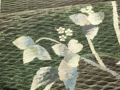 平和屋着物＊夏物 太鼓柄袋帯 枝花文 黒地 金銀糸 正絹 逸品 DABB3568cm
