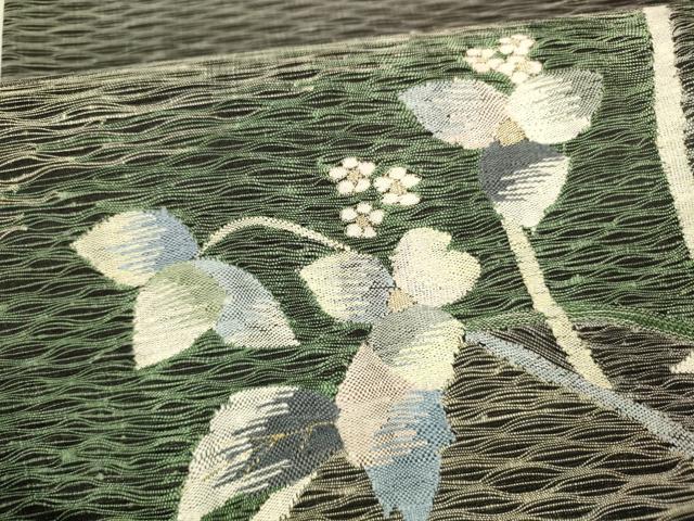 平和屋着物＊夏物 太鼓柄袋帯 枝花文 黒地 金銀糸 正絹 逸品 DABB3568cm