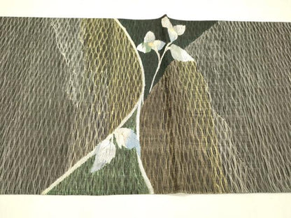 平和屋着物＊夏物 太鼓柄袋帯 枝花文 黒地 金銀糸 正絹 逸品 DABB3568cm