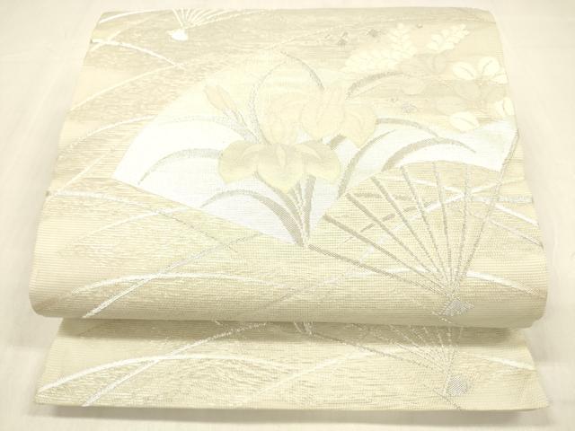 平和屋着物＊夏物 六通柄袋帯 扇面草花文 銀糸 正絹 逸品 DABB3573cm