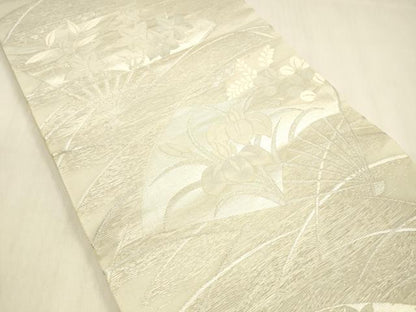 平和屋着物＊夏物 六通柄袋帯 扇面草花文 銀糸 正絹 逸品 DABB3573cm