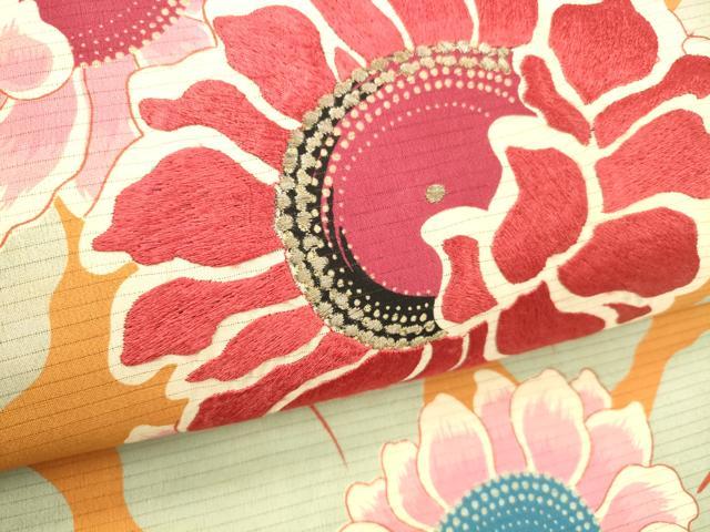 平和屋着物＊夏物　アンティーク　大正ロマン　九寸名古屋帯　絽縮緬　刺繍　草花文　正絹　逸品　DABB3575cm