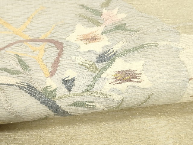 平和屋着物＊夏物 太鼓柄 本袋帯 草花文 銀糸 正絹 逸品 DABB3576cm