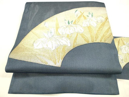 平和屋着物＊夏物 九寸名古屋帯 地紙杜若 金銀糸 正絹 逸品 DABB3577cm