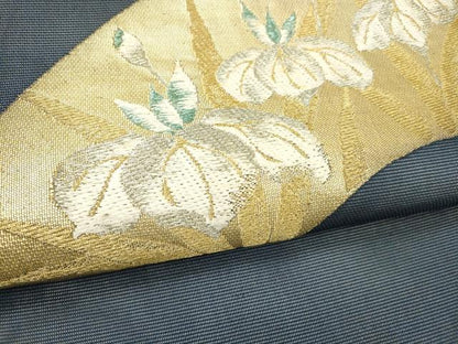 平和屋着物＊夏物 九寸名古屋帯 地紙杜若 金銀糸 正絹 逸品 DABB3577cm
