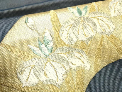 平和屋着物＊夏物 九寸名古屋帯 地紙杜若 金銀糸 正絹 逸品 DABB3577cm