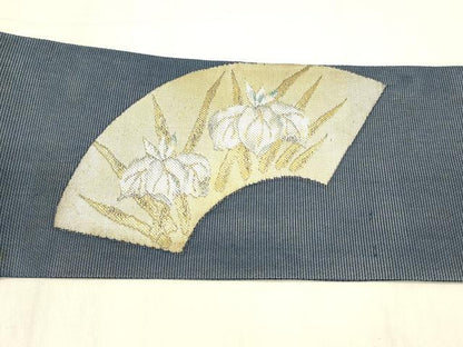 平和屋着物＊夏物 九寸名古屋帯 地紙杜若 金銀糸 正絹 逸品 DABB3577cm