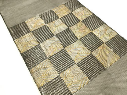平和屋着物＊夏物 太鼓柄 本袋帯 市松流水文 黒地 金糸 正絹 逸品 DABB3583cm
