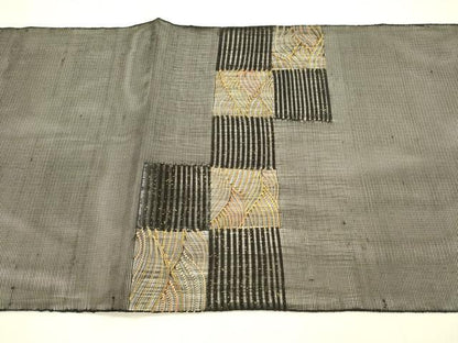 平和屋着物＊夏物 太鼓柄 本袋帯 市松流水文 黒地 金糸 正絹 逸品 DABB3583cm