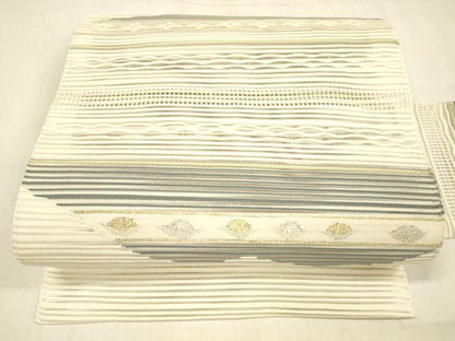 平和屋着物＊夏物　絽綴れ　八寸名古屋帯　横段文　金銀糸　正絹　逸品　DABB3584cm