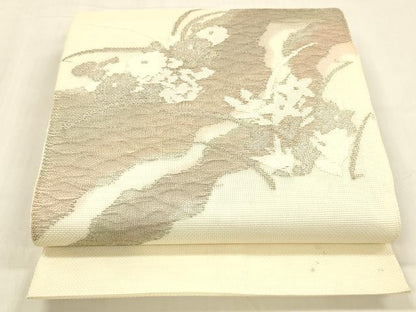 平和屋着物＊夏物 太鼓柄 本袋帯 流水草花文 銀糸 正絹 逸品 DABB3594cm