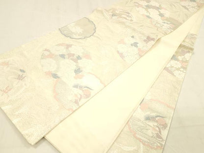 平和屋着物＊夏物 六通柄袋帯 雪輪草花文 銀糸 正絹 逸品 DABB3595cm