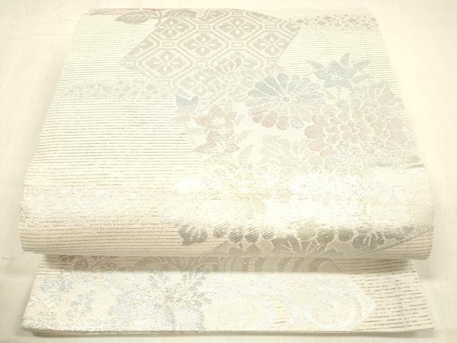 平和屋着物＊夏物 六通柄袋帯 流水草花文 金銀糸 正絹 逸品 DABB3597cm