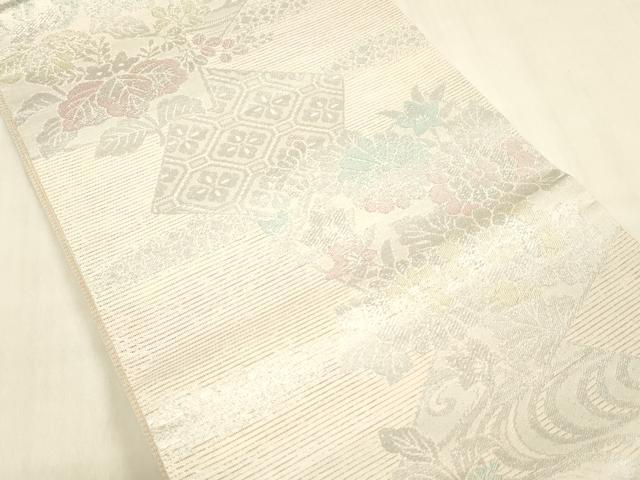 平和屋着物＊夏物 六通柄袋帯 流水草花文 金銀糸 正絹 逸品 DABB3597cm