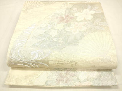 平和屋着物＊夏物　六通柄袋帯　扇面流水花文　銀糸　正絹　逸品　DABB3598cm