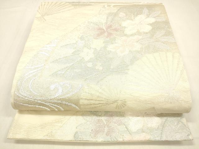 平和屋着物＊夏物　六通柄袋帯　扇面流水花文　銀糸　正絹　逸品　DABB3598cm