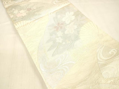 平和屋着物＊夏物　六通柄袋帯　扇面流水花文　銀糸　正絹　逸品　DABB3598cm