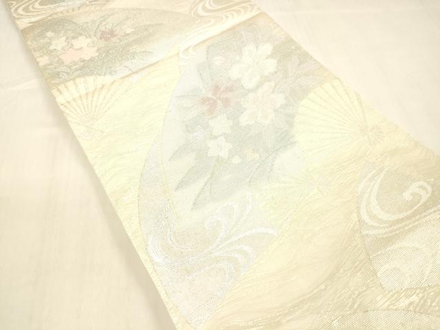 平和屋着物＊夏物　六通柄袋帯　扇面流水花文　銀糸　正絹　逸品　DABB3598cm
