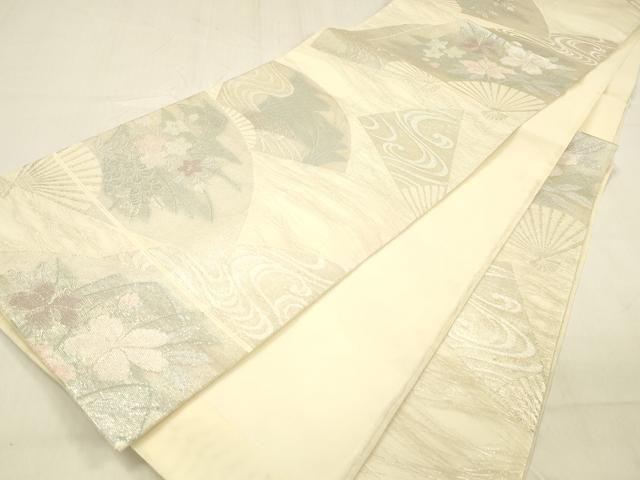 平和屋着物＊夏物　六通柄袋帯　扇面流水花文　銀糸　正絹　逸品　DABB3598cm
