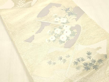 平和屋着物＊夏物 六通柄袋帯 唐織 冊子草花文 銀糸 正絹 逸品 DABB3608cm