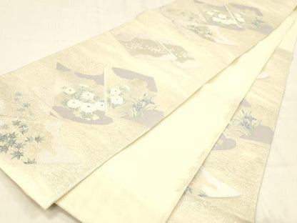 平和屋着物＊夏物 六通柄袋帯 唐織 冊子草花文 銀糸 正絹 逸品 DABB3608cm