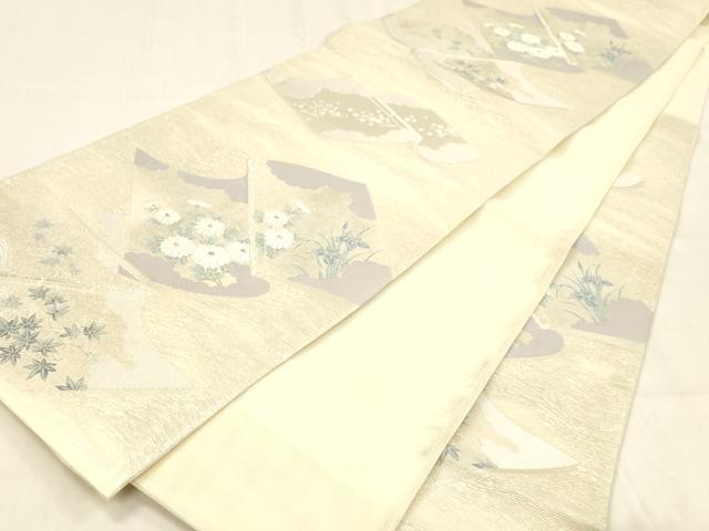 平和屋着物＊夏物 六通柄袋帯 唐織 冊子草花文 銀糸 正絹 逸品 DABB3608cm