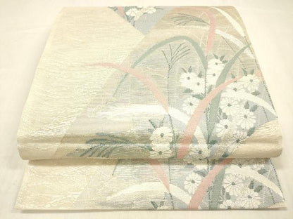 平和屋着物＊夏物 六通柄袋帯 草花文 銀糸 正絹 逸品 DABB3620cm
