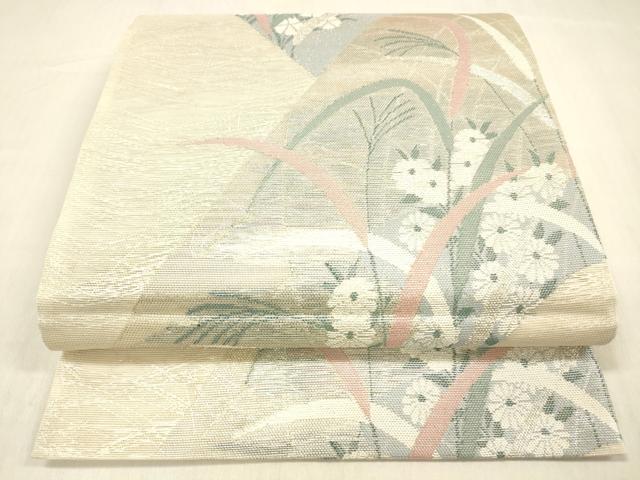 平和屋着物＊夏物 六通柄袋帯 草花文 銀糸 正絹 逸品 DABB3620cm