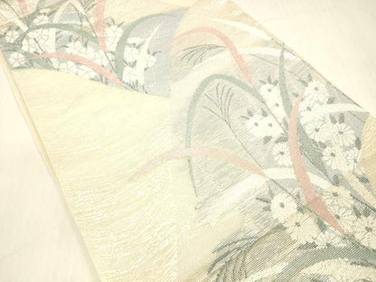 平和屋着物＊夏物 六通柄袋帯 草花文 銀糸 正絹 逸品 DABB3620cm