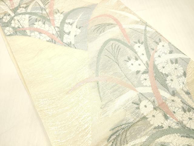 平和屋着物＊夏物 六通柄袋帯 草花文 銀糸 正絹 逸品 DABB3620cm