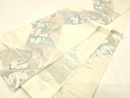 平和屋着物＊夏物 六通柄袋帯 草花文 銀糸 正絹 逸品 DABB3620cm