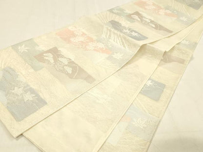 平和屋着物＊夏物 六通柄袋帯 草花文 銀糸 正絹 逸品 DABB3621cm