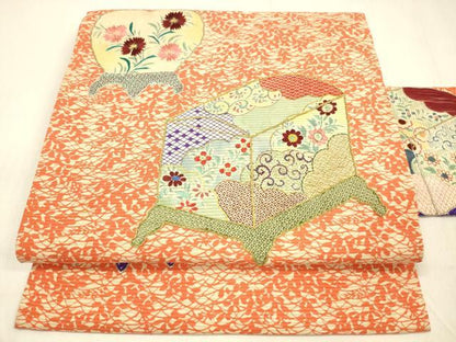 平和屋着物＊夏物 アンティーク 大正ロマン 中国三大刺繍 相良刺繍 九寸名古屋帯 手描き 駒刺繍 器物花文 金銀糸 正絹 逸品 DABB3630cm