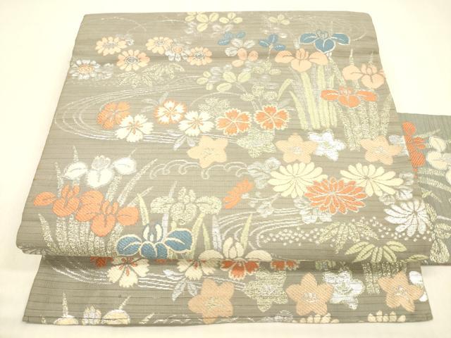平和屋着物＊夏物　アンティーク　大正ロマン　九寸名古屋帯　絽　唐織　草花文　銀糸　正絹　逸品　DABB3642cm