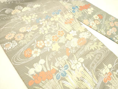 平和屋着物＊夏物　アンティーク　大正ロマン　九寸名古屋帯　絽　唐織　草花文　銀糸　正絹　逸品　DABB3642cm