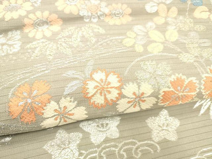 平和屋着物＊夏物　アンティーク　大正ロマン　九寸名古屋帯　絽　唐織　草花文　銀糸　正絹　逸品　DABB3642cm