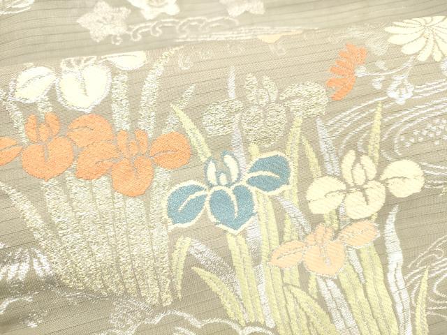 平和屋着物＊夏物　アンティーク　大正ロマン　九寸名古屋帯　絽　唐織　草花文　銀糸　正絹　逸品　DABB3642cm