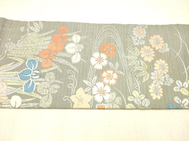 平和屋着物＊夏物　アンティーク　大正ロマン　九寸名古屋帯　絽　唐織　草花文　銀糸　正絹　逸品　DABB3642cm