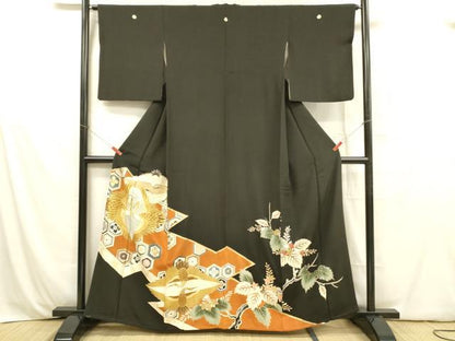 平和屋着物■豪華黒留袖 刺繍 向かい鶴花文 金銀彩 正絹 逸品 DABB3645cm