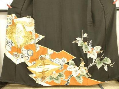 平和屋着物■豪華黒留袖 刺繍 向かい鶴花文 金銀彩 正絹 逸品 DABB3645cm