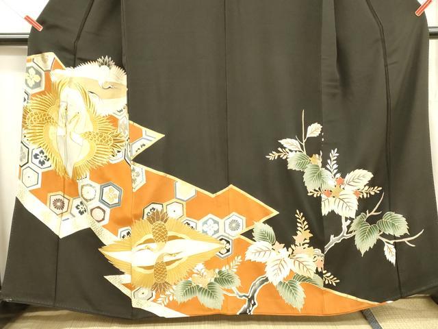 平和屋着物■豪華黒留袖 刺繍 向かい鶴花文 金銀彩 正絹 逸品 DABB3645cm