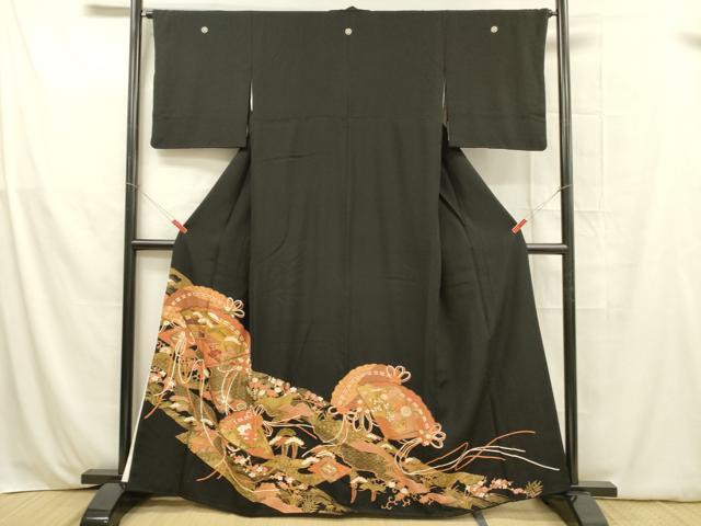平和屋着物■豪華黒留袖 駒刺繍 向かい鶴檜扇風景花文 松竹梅 金彩 正絹 逸品 DABB3659cm