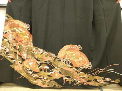 平和屋着物■豪華黒留袖 駒刺繍 向かい鶴檜扇風景花文 松竹梅 金彩 正絹 逸品 DABB3659cm