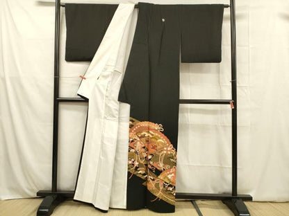平和屋着物■豪華黒留袖 駒刺繍 向かい鶴檜扇風景花文 松竹梅 金彩 正絹 逸品 DABB3659cm