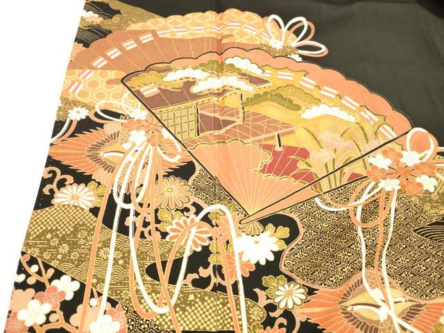平和屋着物■豪華黒留袖 駒刺繍 向かい鶴檜扇風景花文 松竹梅 金彩 正絹 逸品 DABB3659cm