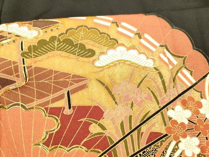 平和屋着物■豪華黒留袖 駒刺繍 向かい鶴檜扇風景花文 松竹梅 金彩 正絹 逸品 DABB3659cm