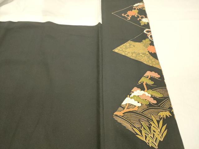平和屋着物■豪華黒留袖 駒刺繍 向かい鶴檜扇風景花文 松竹梅 金彩 正絹 逸品 DABB3659cm